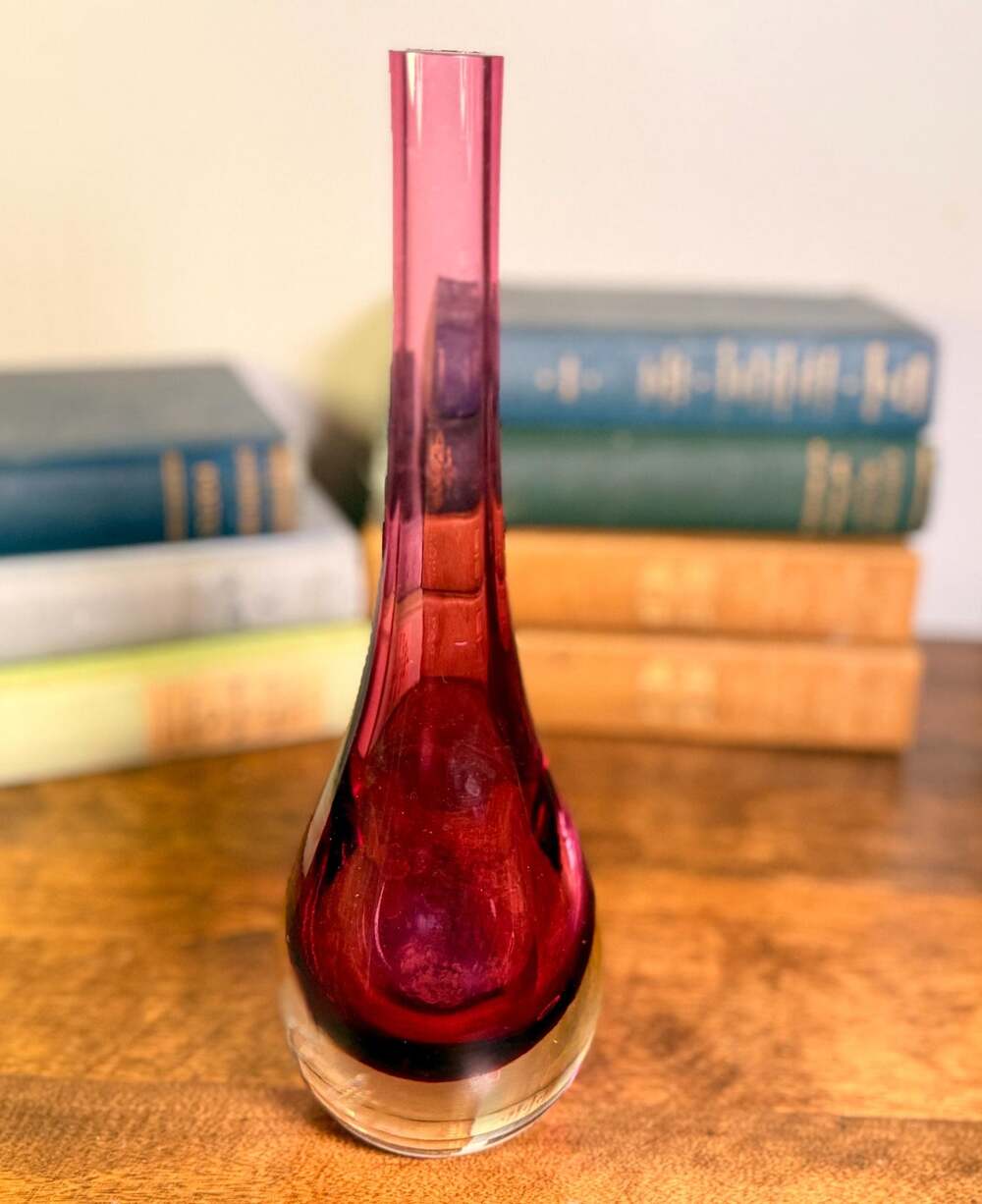 Mid-Century Ruby Red Art Glass Bud Vase | Minimalist Decor